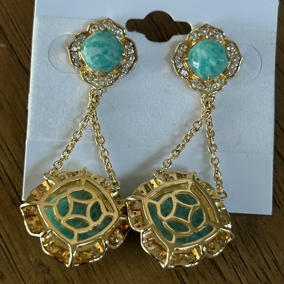 Rarities Carol Brodie Gold-Plated Cushion Amazonite & Zircon Drop Earrings Nwt - Picture 6 of 7
